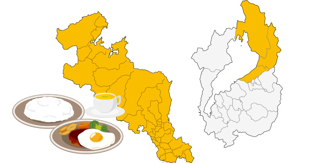 京都府と滋賀県湖北エリアを示した地図とごはん、ハンバーグプレート、スープのイラスト